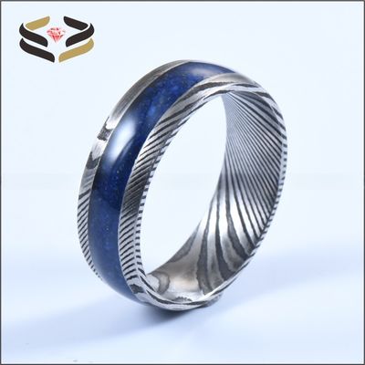 Men'S Damascus Steel Wedding Band Third Party Appraisal 8mm With Lapis Lazuli Inlay