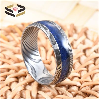 Men'S Damascus Steel Wedding Band Third Party Appraisal 8mm With Lapis Lazuli Inlay