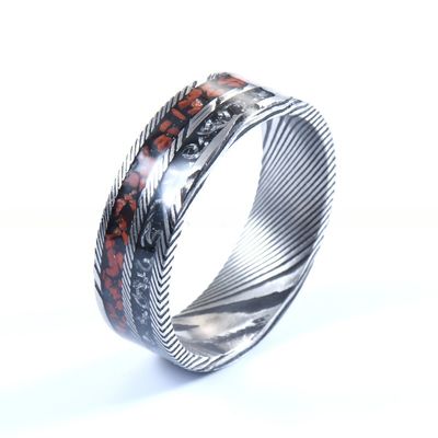 Round Flat Men Damascus Steel Wedding Bands 8mm With Meteorite And Dinosaur Bone Inlay