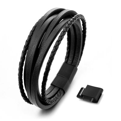 Clasp Closure Mens Leather Bracelet With Cowhide Multilayer Braided Design