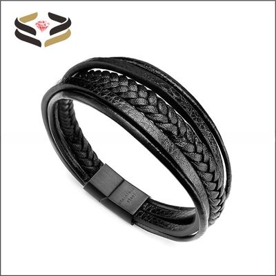 Clasp Closure Mens Leather Bracelet With Cowhide Multilayer Braided Design