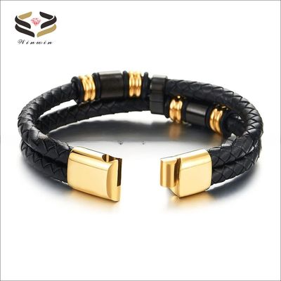 Geometric Leather Bracelet Wristband Double Row Black Braided with Stainless Steel Ornaments