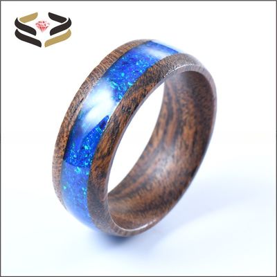 Pearl Type Gold Ebony Wood Rings 8mm With Blue Opal Inlay