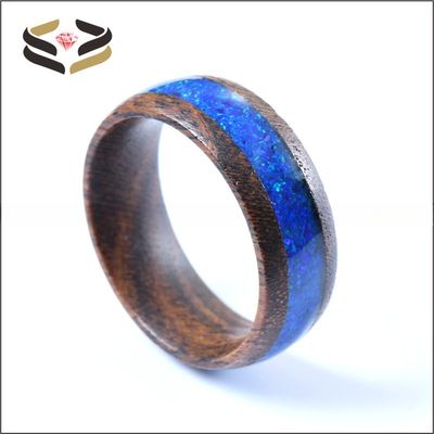 Pearl Type Gold Ebony Wood Rings 8mm With Blue Opal Inlay