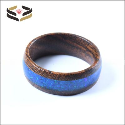 Pearl Type Gold Ebony Wood Rings 8mm With Blue Opal Inlay