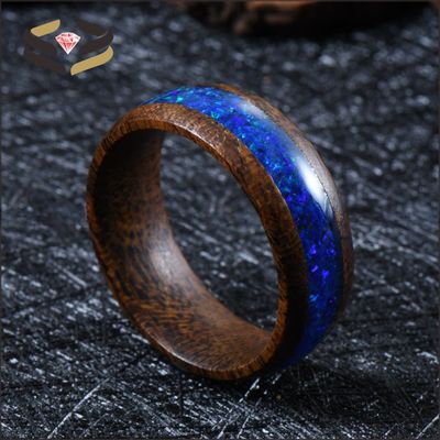Pearl Type Gold Ebony Wood Rings 8mm With Blue Opal Inlay