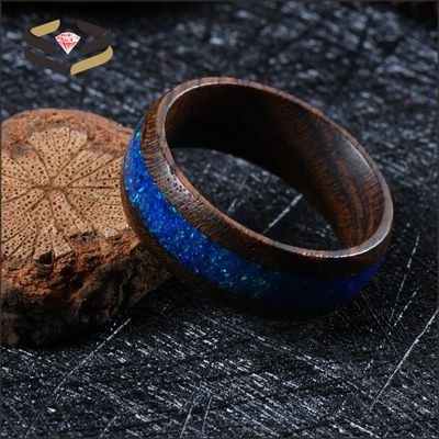 Pearl Type Gold Ebony Wood Rings 8mm With Blue Opal Inlay