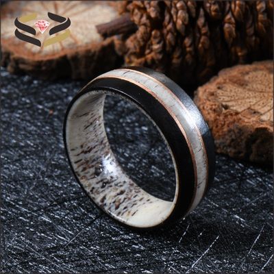 8mm Nature Deer Antler Ring with African Ebony Wood and Rose Gold Circle Inlay Wedding Band Plating N/A