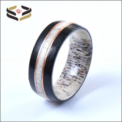 8mm Nature Deer Antler Ring with African Ebony Wood and Rose Gold Circle Inlay Wedding Band Plating N/A