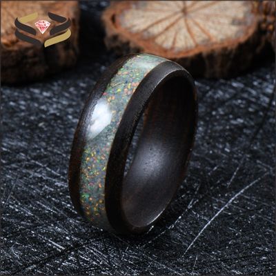 Wedding Nature Koa Wood Rings 8mm White Fire Opal Inlay With Invisible Setting