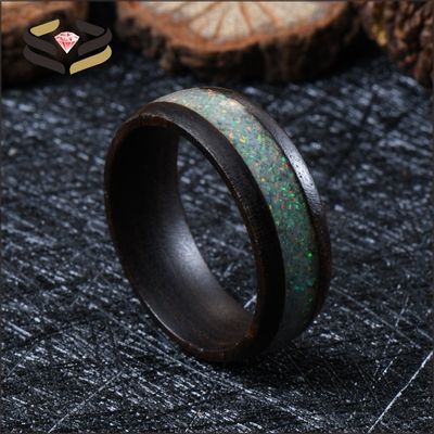 Wedding Nature Koa Wood Rings 8mm White Fire Opal Inlay With Invisible Setting