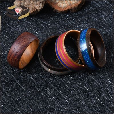 Wedding Nature Koa Wood Rings 8mm White Fire Opal Inlay With Invisible Setting
