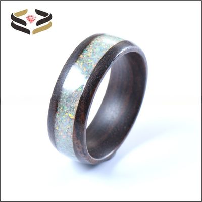 Wedding Nature Koa Wood Rings 8mm White Fire Opal Inlay With Invisible Setting