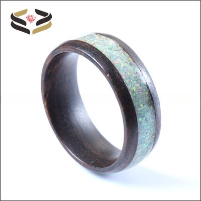 Wedding Nature Koa Wood Rings 8mm White Fire Opal Inlay With Invisible Setting