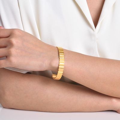 Wide Open Stainless Steel Cuff Bracelet Adjustable Vertical Stripe Style For Men Women