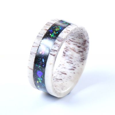 Starry Opal Inlay Deer Antler Wedding Band 8mm with Invisible Setting