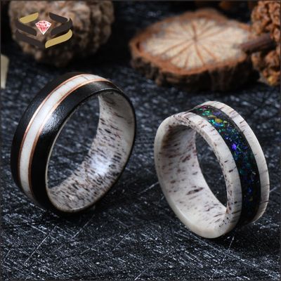 Starry Opal Inlay Deer Antler Wedding Band 8mm with Invisible Setting
