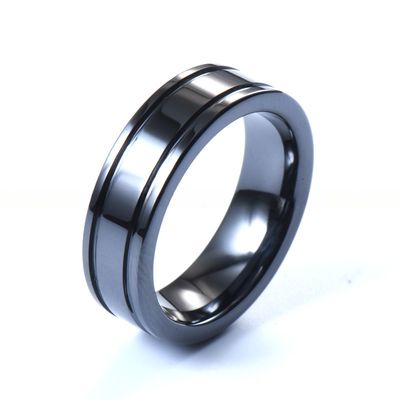 Geometric Black Ceramic Wedding Band Double Grooved Line 6mm For Men Women