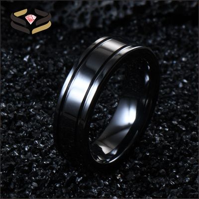 Geometric Black Ceramic Wedding Band Double Grooved Line 6mm For Men Women