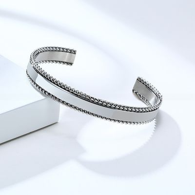 Geometric Stainless Steel Open Cuff Bangle Adjustable Twisted For Men