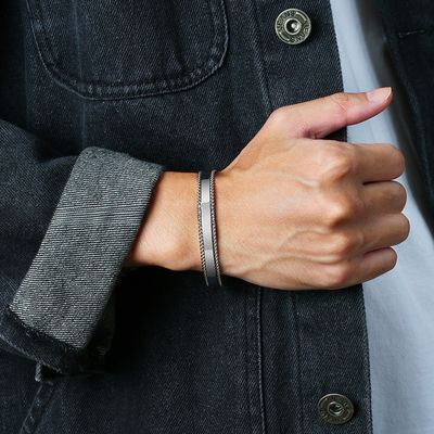 Geometric Stainless Steel Open Cuff Bangle Adjustable Twisted For Men