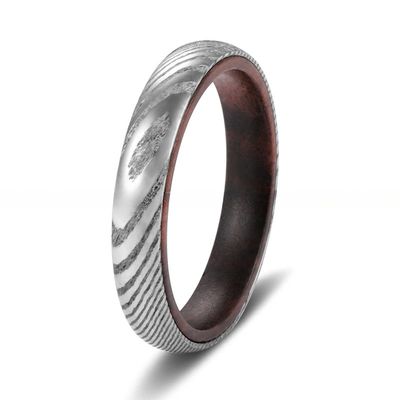 Stylish 4mm Damascus Steel and Rosewood Inner Wedding Bands for Newlywed Couples