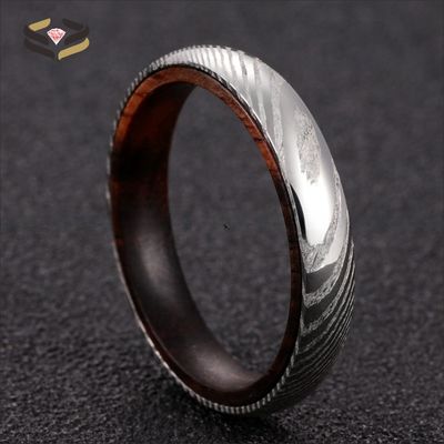 Stylish 4mm Damascus Steel and Rosewood Inner Wedding Bands for Newlywed Couples