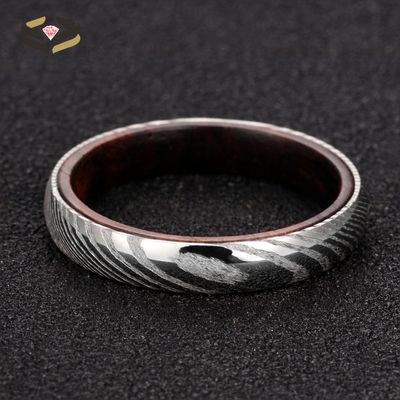 Stylish 4mm Damascus Steel and Rosewood Inner Wedding Bands for Newlywed Couples
