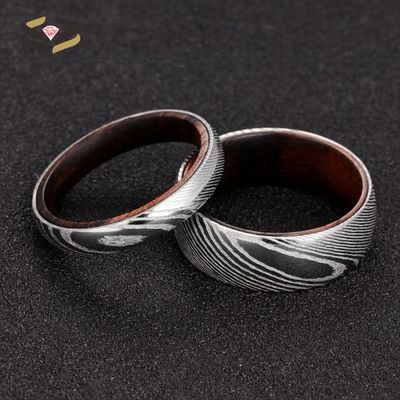 Stylish 4mm Damascus Steel and Rosewood Inner Wedding Bands for Newlywed Couples