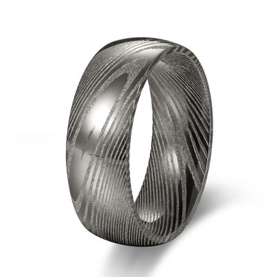 Men 8mm Damascus Steel Wedding Band Dome Finished Pearl Type Included Half Size Gun Color Plated