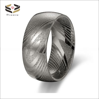 Men 8mm Damascus Steel Wedding Band Dome Finished Pearl Type Included Half Size Gun Color Plated