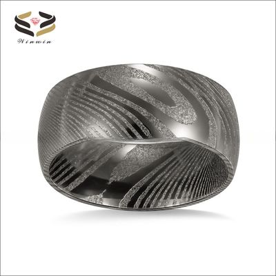 Men 8mm Damascus Steel Wedding Band Dome Finished Pearl Type Included Half Size Gun Color Plated