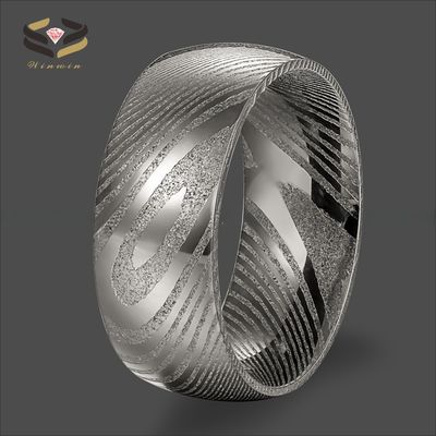 Men 8mm Damascus Steel Wedding Band Dome Finished Pearl Type Included Half Size Gun Color Plated