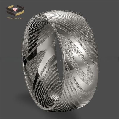 Men 8mm Damascus Steel Wedding Band Dome Finished Pearl Type Included Half Size Gun Color Plated