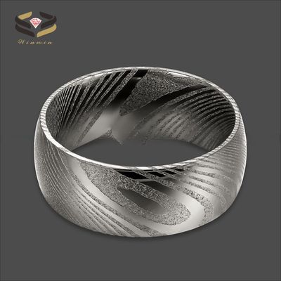 Men 8mm Damascus Steel Wedding Band Dome Finished Pearl Type Included Half Size Gun Color Plated