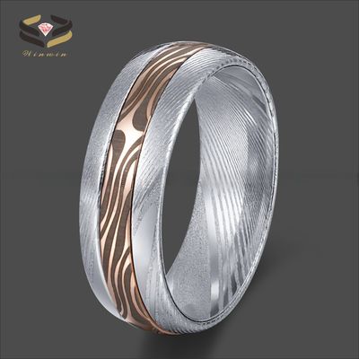 Damascus Steel Jewelry Main Material 8mm Lasered Rose Gold Mokume Gane Inlay Wedding Band for Unisex