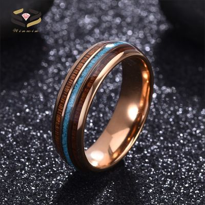 Third Party Appraisal 8mm Dome Polished Rose Gold Mens Tungsten Ring Turquoise Wood Inlay Wedding Bands Certificate Type
