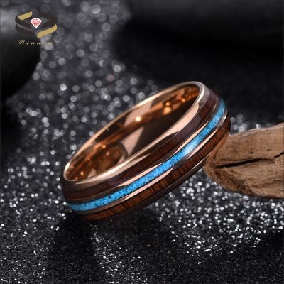 Third Party Appraisal 8mm Dome Polished Rose Gold Mens Tungsten Ring Turquoise Wood Inlay Wedding Bands Certificate Type