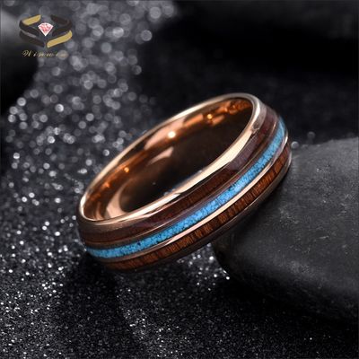 Third Party Appraisal 8mm Dome Polished Rose Gold Mens Tungsten Ring Turquoise Wood Inlay Wedding Bands Certificate Type