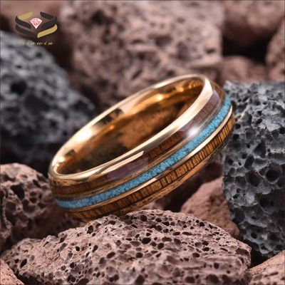 Third Party Appraisal 8mm Dome Polished Rose Gold Mens Tungsten Ring Turquoise Wood Inlay Wedding Bands Certificate Type