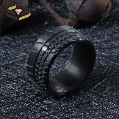 Round Black Carbon Fiber Band 10mm With Cubic Zirconia Inlay And Truck Tire Pattern