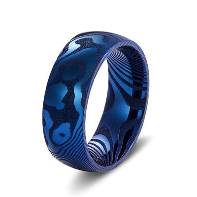 Bold Hand Wedding Damascus Steel Mens Ring 8mm Blue Religious Type Domed Wood Grain