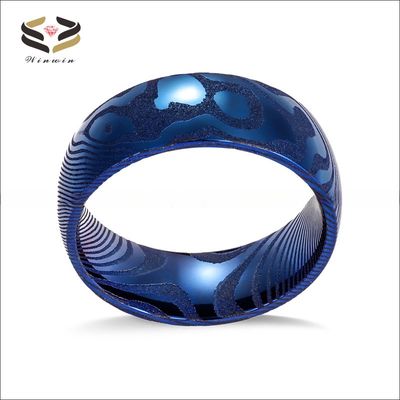 Bold Hand Wedding Damascus Steel Mens Ring 8mm Blue Religious Type Domed Wood Grain