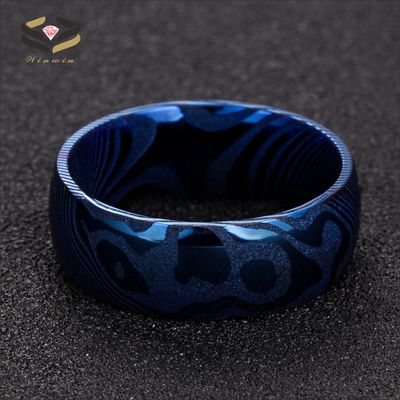 Bold Hand Wedding Damascus Steel Mens Ring 8mm Blue Religious Type Domed Wood Grain