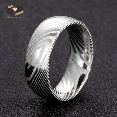 Simple Style 8mm Pure Damascus Steel Men's Wedding Ring with Black Plating