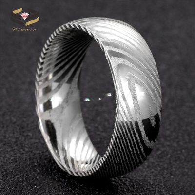 Simple Style 8mm Pure Damascus Steel Men's Wedding Ring with Black Plating