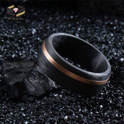 Carbon Fiber Rose Gold Circle Inlay Men's Wedding Band Black 8mm for Engagement