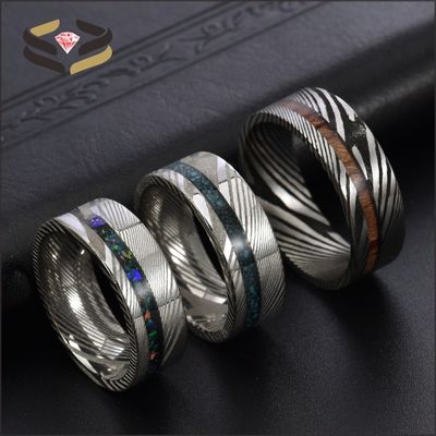 Custom Men's Damascus Steel Rings Round With Galaxy Opal Turquoise Wood Inlay