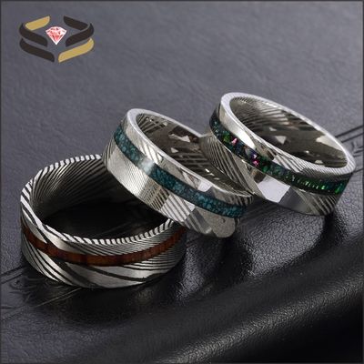 Custom Men's Damascus Steel Rings Round With Galaxy Opal Turquoise Wood Inlay