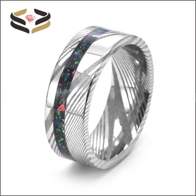 Custom Men's Damascus Steel Rings Round With Galaxy Opal Turquoise Wood Inlay